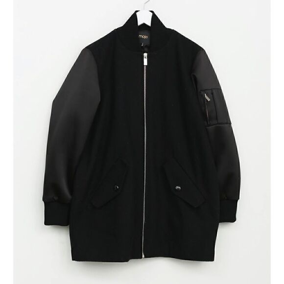 Maje Black Wool Blend & Satin Bomber Jacket - Picture 4 of 7